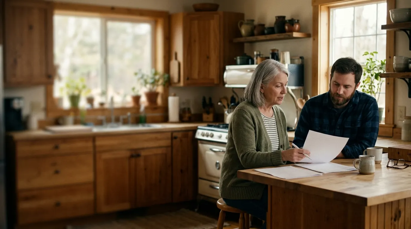 A person going through paperwork at their kitchen table