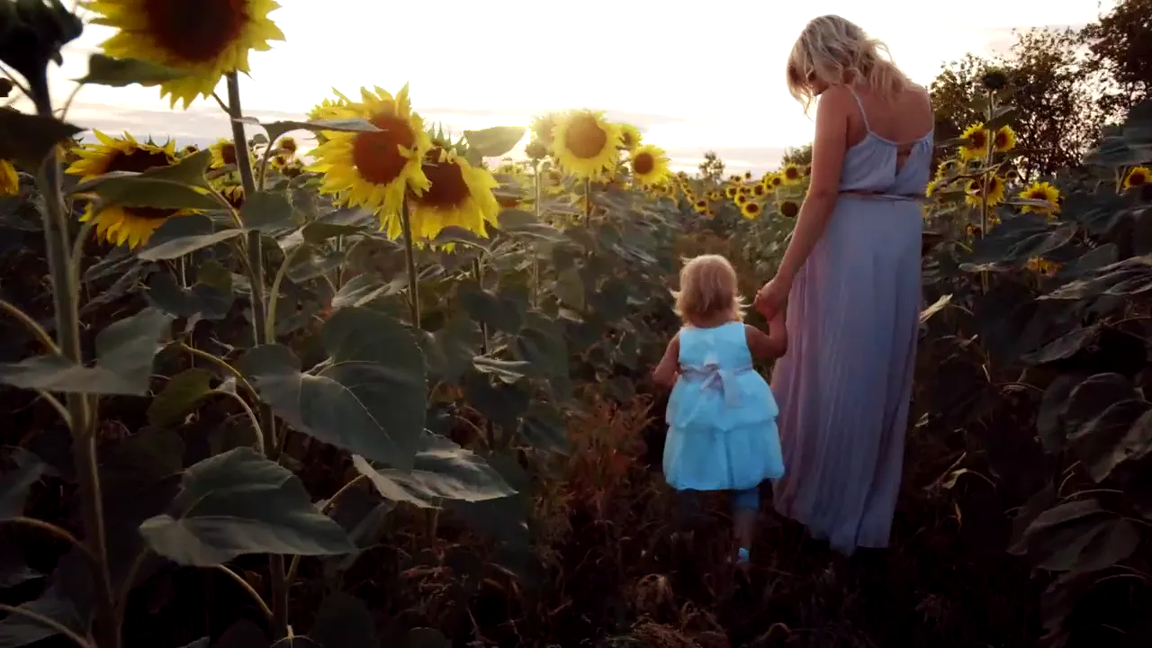 A mother and child walking through a sunflower field